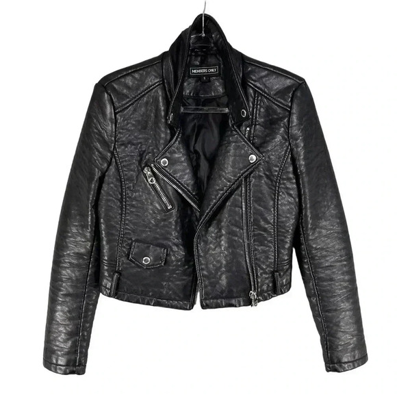 Members Only Womens S Black ASYM Zip Cropped Faux Leather Bomber Moto Jacket Y2K - Picture 9 of 16